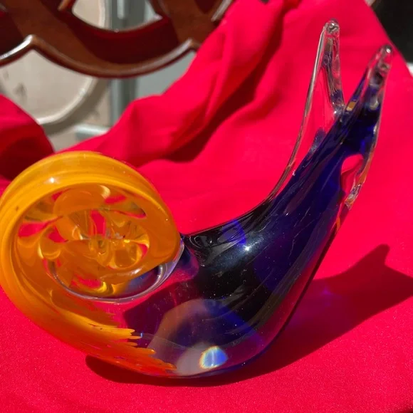 Vintage Murano cobalt blue, yellow and clear art glass snail